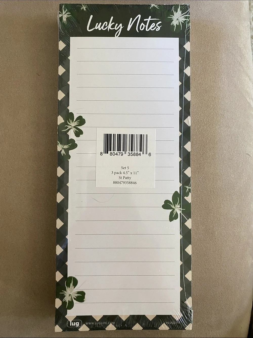 Lucky Notes Lined Notepad SET of 3 - Green Floral Border. LUG collection